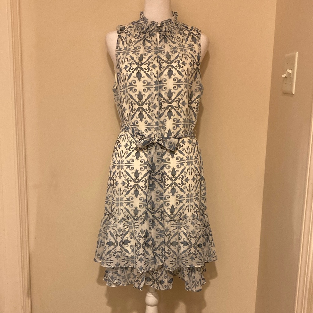 Whitehouseblackmarket Blue & White Sleeveless Dress Bottom Ruffle S